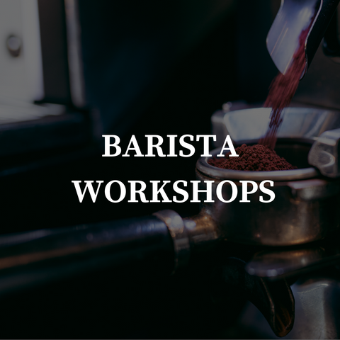 text stating "Barista Workshops" over an image of coffee grinding into a portafilter.