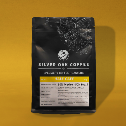 Half Caff Blend – 50% Pocos De Caldas Sugar Cane Decaf, Brazil 50% Rio Verde, Brazil