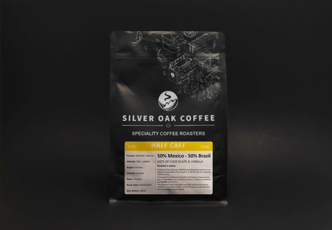 A bag of our half caff coffee blend