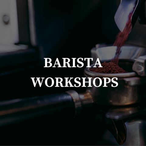 text stating "Barista Workshops" over an image of coffee grinding into a portafilter. 