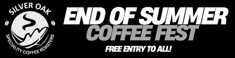 The company logo, with text stating "end of summer coffee fest, free entry to all"