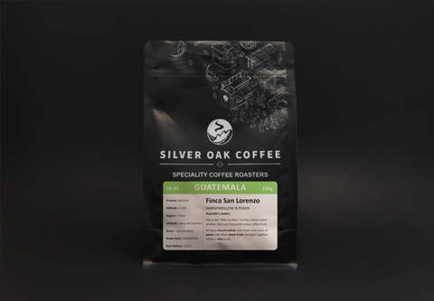 A bag of 250g coffee beans from Finca San Lorenzo, Guatemala with tasting notes of marshmallow & peach. 