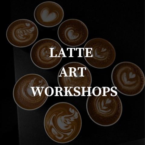 text stating "latte art workshops" over 10 flat whites all with differing latte art designs