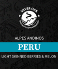 Label representing our coffee beans, Peru from Alpes Andinos Farm with tasting notes of light skinned berries & melon. 
