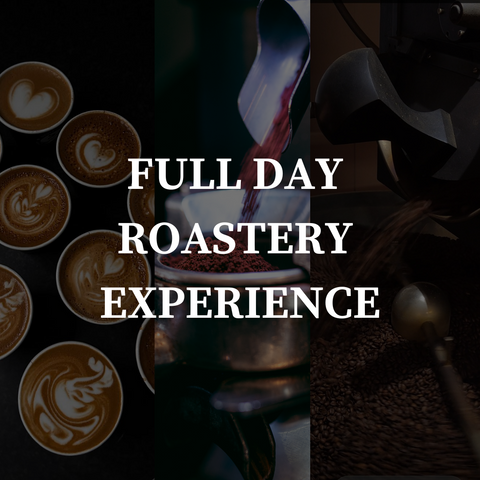 text stating "full day roasting experience" over pictures of lattes, coffee grounds and roasting coffee